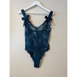 Victorias Secret Teal Lace Bodysuit Teddy Satin Bow Straps Button Front 90s Vtg